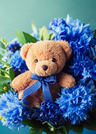 Teddy bear and bouquet of blue flowersの素材