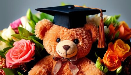 Graduation bear and bouquet of flowersの素材