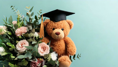 Graduation bear and flowers, yellow background with copy spaceの素材