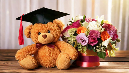 Graduation flowers and teddy bear wearing graduation hatの素材