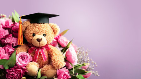 Graduation bear and flowers, pink background with copy spaceの素材