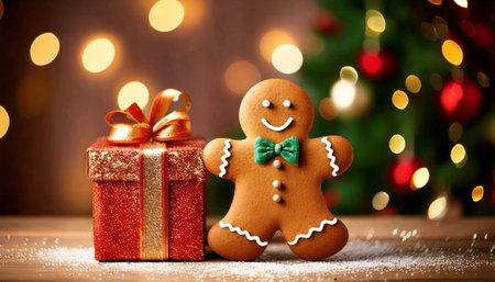 Christmas gingerbread man and Christmas gift on wooden backgroundの素材