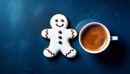 Gingerbread man and a coffee cup, top view, copy spaceの素材