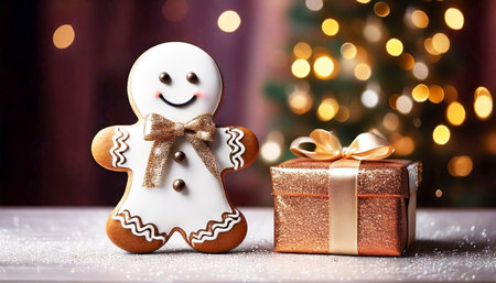 Gingerbread man cookie and Christmas gift on wooden backgroundの素材