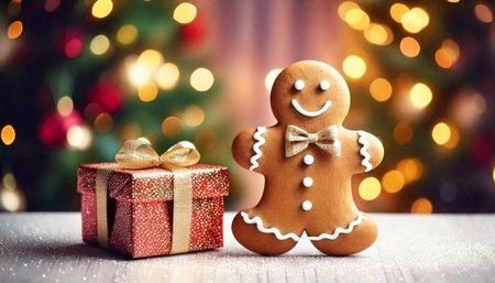 Gingerbread man cookie and Christmas gift on wooden backgroundの素材