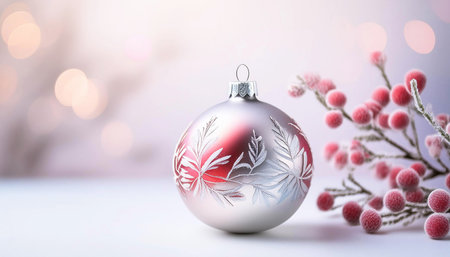 Silver Christmas ball with red floral pattern, copy spaceの素材