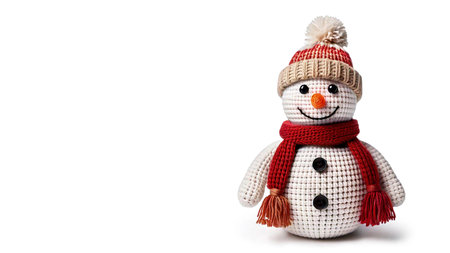 Crocheted snowman isolated on white background, copy spaceの素材