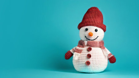 Crocheted snowman on blue background, copy spaceの素材