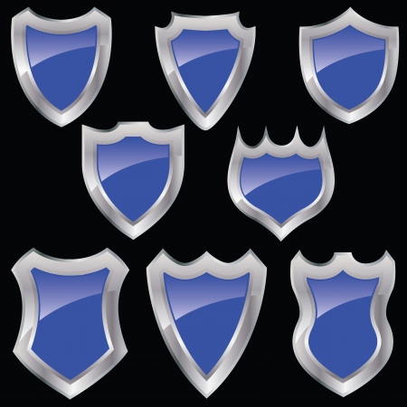 a set of eight shiny shields on a black backgroundのイラスト素材