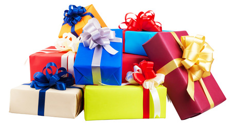 Piles of gift boxes wrapped in colorful paper, ribbon, bow ,Isolated on white. for anniversary, new year, birth dayの写真素材