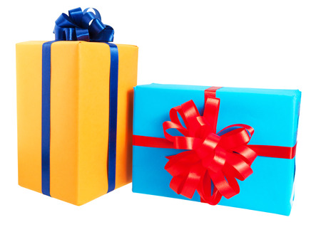 Two gift boxes wrapped in colorful paper, ribbon, bow ,Isolated on white. for anniversary, new year, birth dayの写真素材