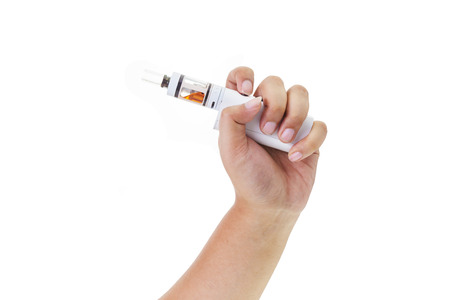 Asian man hand holding an electronic cigarette isolate on white backgroundの写真素材
