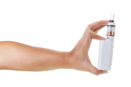 Asian man hand holding an electronic cigarette isolate on white backgroundの写真素材