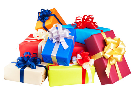 Piles of gift boxes wrapped in colorful paper, ribbon, bow ,Isolated on white. for anniversary, new year, birth day