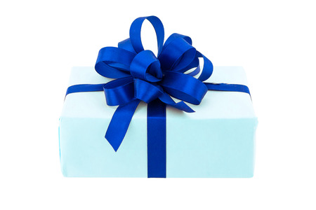 Gift box wrap in blue paper and blue bowの写真素材