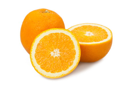 Orange fruit half and two segments or cantles isolated on white background for graphic designers.の写真素材