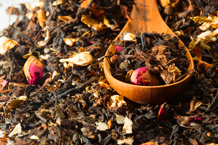 Close up of dry tea in wooden spoons.Selective focusの写真素材