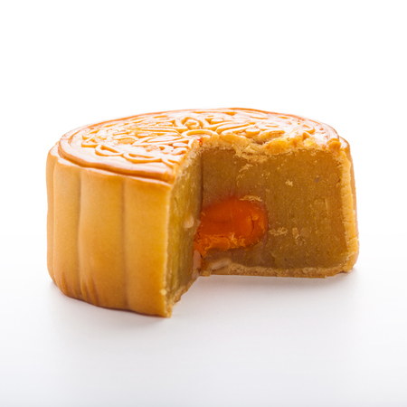 Durian Mhonthong Mooncake With Egg isolated on white background with clipping pathの写真素材