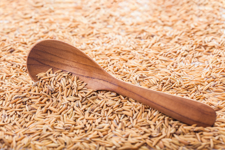 food background. rice grain in a wooden spoon and forming a background. with copyspaceの写真素材