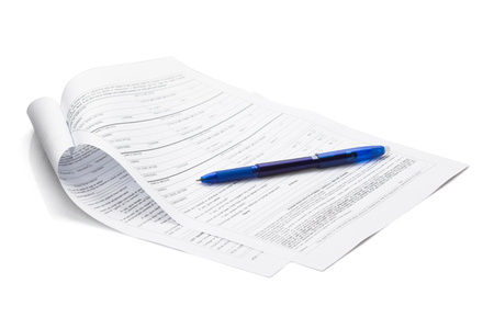 Blue color pen on form document isolated on white background with clipping path. ready to use.の写真素材