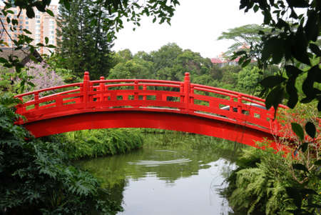 This is a red small bridge in the south of China.の写真素材