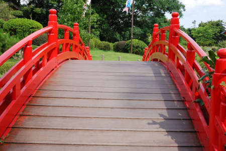 This is a red small bridge in the south of China.の写真素材