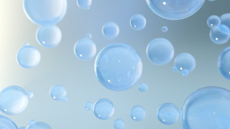 3D rendering Cosmetics Serum bubbles on defocus background. Miracle bubble design for cosmetics. Transparent balls, holographic liquid blobs floating in space, and artistic bubblesの写真素材