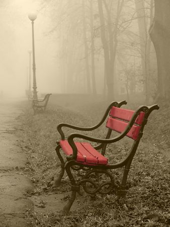 Red bench in the fogの写真素材