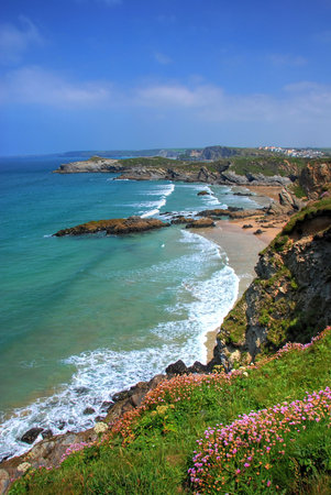 Rocky shore in Newquay, Cornwall, UK