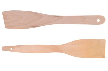 Two wooden spatulas isolated on white backgroundの写真素材