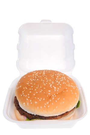 Hamburger in a box isolated on white backgroundの写真素材