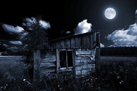 Old wooden shed in the countryside at night in moonlightの写真素材