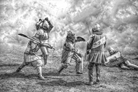 Medieval knights fighting in a battleの写真素材