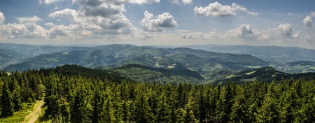 Mountain panorama from the top of Czantoria in Beskidy, Polandの写真素材