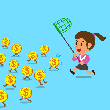 Businesswoman running to catch money coinsのイラスト素材