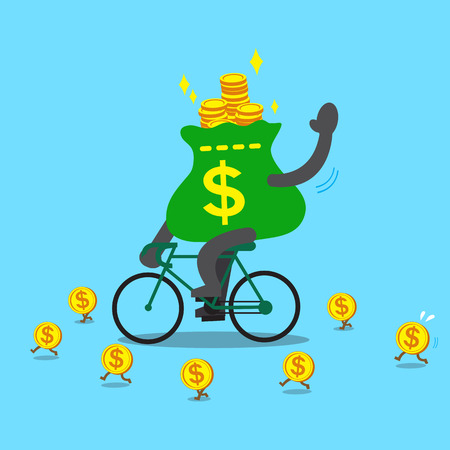 Cartoon money bag rides bikeのイラスト素材