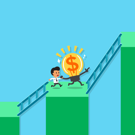 Cartoon businessman and big idea running to higher bar chartのイラスト素材