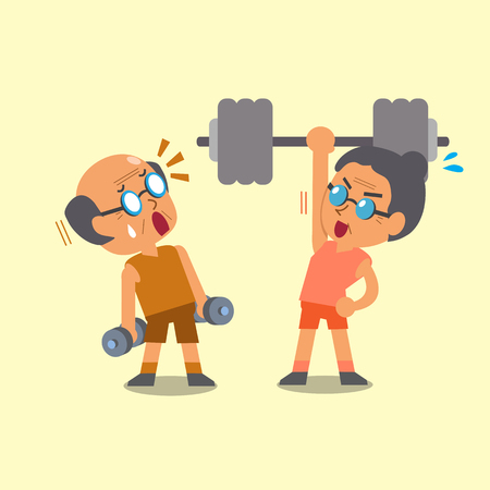 Cartoon old man and old woman doing weight trainingのイラスト素材