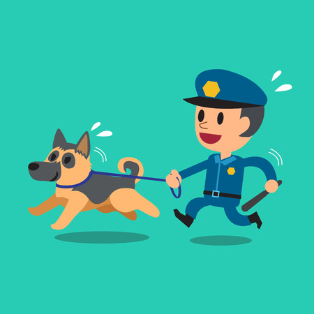 Cartoon security guard policeman with police guard dogのイラスト素材