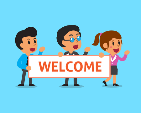 Cartoon business team holding welcome signのイラスト素材