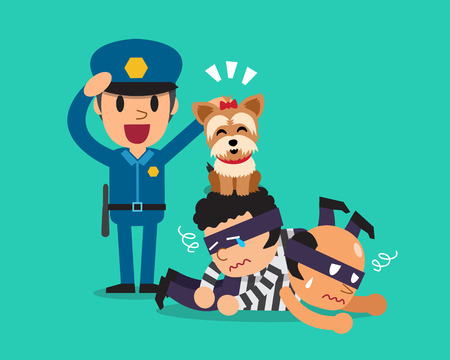 Cartoon a cute dog helping policeman to catch thievesのイラスト素材