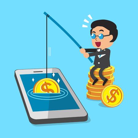 Cartoon businessman earning money with smartphoneのイラスト素材