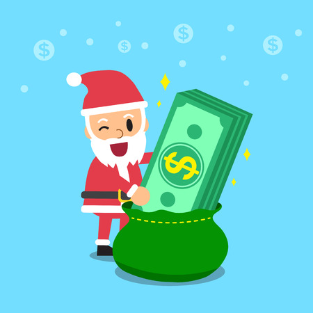 Santa claus open a bag that has big money stackのイラスト素材