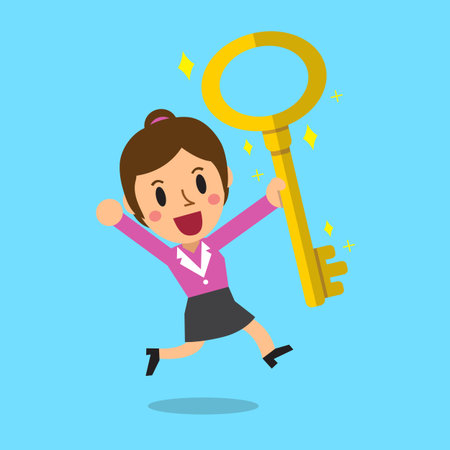 Cartoon businesswoman with big golden keyのイラスト素材