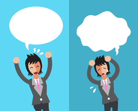 Cartoon a businesswoman expressing different emotions with speech bubblesのイラスト素材