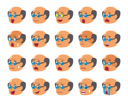 Cartoon set of senior man faces showing different emotionsのイラスト素材