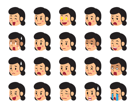 Cartoon woman faces showing different emotionsのイラスト素材