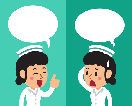 Cartoon a female nurse expressing different emotions with speech bubbles illustration.のイラスト素材