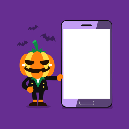 Cartoon character halloween pumpkin with smartphoneのイラスト素材