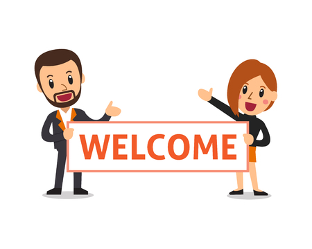 Vector cartoon business people holding welcome signのイラスト素材